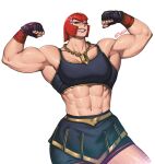  1girl abs artist_name breasts commentary dark_skin english_commentary fingerless_gloves flexing gloves gold_necklace grin highres jewelry large_breasts looking_at_viewer marisa_(street_fighter) mootium muscular muscular_female navel necklace one_eye_closed red_hair short_hair smile solo street_fighter street_fighter_6 twitter_username 