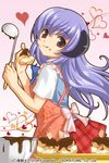  :q apron chocolate cream_puff food food_on_face grey_eyes hanyuu heart higurashi_no_naku_koro_ni horns izumi_natsuka ladle plaid plaid_skirt purple_hair skirt tongue tongue_out valentine 