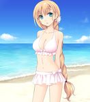  1girl arms_behind_back astraythem bare_shoulders beach bikini blonde_hair braid breasts cleavage cloud clouds flower game_cg ginta green_eyes hair_ornament highres large_breasts legs long_hair looking_at_viewer navel ocean sakurazuka_natsuki sand skirted_swimsuit sky solo standing swimsuit thighs very_long_hair water 