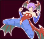  bangs bare_shoulders crotchless crotchless_clothes detached_sleeves erect_nipples female flat_chest head_wings lilith_aensland nippleless_clothes nipples purple_hair pussy solo spread_legs vampire_(game) wings 