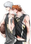  26duuuu 2boys adjusting_clothes ball basketball_(object) basketball_jersey brown_eyes brown_hair commentary cowboy_shot from_side grey_eyes grey_hair hanamura_yousuke hand_on_another's_head highres holding holding_ball looking_ahead male_focus midriff_peek multiple_boys narukami_yu open_mouth parted_lips persona persona_4 short_hair simple_background sketch sweat symbol-only_commentary tank_top white_background 