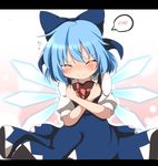  blue_dress blue_hair blush bow box cirno closed_eyes do_(4-rt) dress embarrassed flying_sweatdrops gift gift_box hair_bow heart highres ice ice_wings letterboxed object_hug puffy_sleeves short_sleeves solo spoken_blush sweatdrop touhou valentine wings 