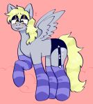 black_clothing black_panties black_underwear blonde_hair blush blush_lines clothing derpy_hooves_(mlp) equid equine fawnpawss female feral friendship_is_magic garter_straps grey_body hair hasbro heart_symbol hi_res hooves lazy_eye legwear mammal my_little_pony mythological_creature mythological_equine mythology panties pattern_clothing pattern_legwear pegasus pink_background raised_hoof simple_background solo stockings striped_clothing striped_legwear stripes tongue tongue_out underwear wings yellow_eyes