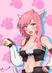  1girl animal_ears blush breasts cat_ears cat_tail cleavage female final_fantasy final_fantasy_xiii green_eyes hand_on_hip hori_shin lightning_farron midriff nail_polish navel open_mouth pink_hair solo tail 