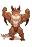  2024 2_horns 3_toes 4_fingers anthro arm_spikes artist_name biceps big_muscles bottomwear brown_body brown_bottomwear brown_clothing brown_loincloth brown_scales claws clothed clothing countershade_torso countershading digitigrade dragon elbow_spikes eyebrows eyes_closed facial_scales feet finger_claws fingers flexing flexing_bicep flexing_both_biceps full-length_portrait goofyahdragons grin head_horn hi_res horn huge_muscles loincloth loincloth_only male muscular muscular_male mythological_creature mythological_scalie mythology portrait scale_eyebrows scales scalie simple_background smile solo spikes spikes_(anatomy) tail tail_ridge teeth text toe_claws toes topless vein veiny_muscles white_background wingless_dragon 
