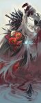  1boy absurdres black_coat charon_(reverse:1999) coat dog_tags flower gloves hand_up highres holding_dog_tags kilydwn knife male_focus multiple_views object_head partially_submerged poppy_(flower) red_flower reverse:1999 ripples upper_body veil water white_background white_gloves white_veil 