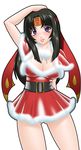  1girl black_hair breasts christmas cleavage delica dress fur_trim highres panties purple_eyes queen&#039;s_blade queen's_blade red_dress solo tomoe underwear white_panties 