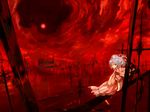  bat cloud dress fence graveyard moon night red red_eyes red_moon remilia_scarlet sky solo ton_(pixiv37657) touhou white_hair wings 