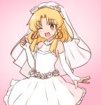  1girl blonde_hair blush breasts commentary_request commission dress dress_flower elbow_gloves fingerless_gloves flower gloves hair_ribbon highres long_hair mizusoba moriya_suwako one_eye_closed open_mouth pink_background red_ribbon ribbon rose skeb_commission small_breasts smile solo touhou tress_ribbon veil wedding_dress white_dress white_flower white_gloves white_rose white_veil yellow_eyes 