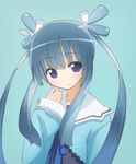  blue_background blue_eyes blue_hair blush kirigaya_yuuji long_hair mole ookami-san ryuuguu_otohime smile solo twintails 