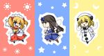  black_hair blonde_hair blue_eyes crescent_moon drill_hair fang grey_eyes luna_child moon multiple_girls profile red_eyes star star_sapphire sunny_milk touhou twintails urushi wings 