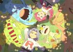  1other 2girls 3boys artist_logo black_gloves blue_eyes blue_hair carnivine cat commentary crop_top dappled_sunlight dirty earrings english_commentary falling_leaves gloves gourgeist green_eyes happy james_(pokemon) jessie_(pokemon) jewelry leaf logo long_hair meowth multiple_boys multiple_girls open_mouth plant_monster pokemon pokemon_(anime) pokemon_(creature) pumpkin red_hair red_lips sergiromero shadow shirt short_hair smile sphere_earrings sunlight team_rocket team_rocket_uniform twig wobbuffet 