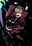  1boy attack black_background blonde_hair clenched_hands facial_hair hair_over_one_eye hashtag-only_commentary highres ifrit_jambe leg_up male_focus mrjieshisu mustache necktie one_piece open_mouth sanji_(one_piece) short_hair simple_background solo suit white_necktie 