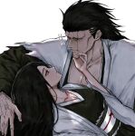  1boy 1girl anima_tion_1 black_hair black_kimono bleach bleach:_sennen_kessen-hen breasts collarbone expressionless frown hand_on_another's_chin haori hetero highres japanese_clothes kimono large_breasts long_hair obi sash scar scar_across_eye scar_on_cheek scar_on_chest scar_on_face scar_on_mouth taichou_haori unohana_retsu veins veiny_hands white_haori zaraki_kenpachi 