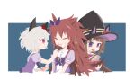  3girls animal_ears animal_hat beer_hsk black_hat blue_background bow braid brown_hair brushing_another's_hair brushing_hair closed_eyes closed_mouth commentary_request cropped_torso curren_chan_(umamusume) ear_bow ear_ribbon fake_animal_ears grey_hair hair_between_eyes hair_brush hair_rings hat horse_ears long_hair multiple_girls open_mouth orfevre_(old_design)_(umamusume) profile puffy_short_sleeves puffy_sleeves purple_bow purple_eyes purple_ribbon purple_shirt red_bow ribbon school_uniform shirt short_sleeves smile sweep_tosho_(umamusume) tracen_school_uniform two-tone_background umamusume upper_body very_long_hair wavy_mouth white_background witch_hat 