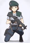  1girl absurdres belt black_belt black_gloves blue_eyes brown_hair closed_mouth commentary_request fingerless_gloves full_body gloves gun haldeco hat highres holding holding_gun holding_weapon jill_valentine looking_at_viewer military military_hat on_one_knee pants police police_uniform policewoman resident_evil resident_evil_1 shirt short_hair short_sleeves smile submachine_gun weapon white_background 