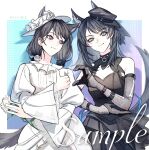  2girls absurdres animal_ears arknights bang_dream! bang_dream!_it's_mygo!!!!! black_dress black_gloves black_hair black_hat blush chinese_commentary closed_mouth commentary_request dress elbow_gloves flower gloves green_eyes hat heart_hands_failure hero45439083942 highres kemonomimi_mode long_hair looking_at_viewer low_twintails mole mole_under_eye multiple_girls purple_eyes shiina_taki tail twintails white_dress white_flower white_hat wolf_ears wolf_girl wolf_tail yahata_umiri yahata_umiri_(moonlight_executioner) 