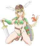  ankle_lace-up aqua_eyes armor bad_id bad_pixiv_id bikini_armor blonde_hair blush bow braid company_connection cosplay cross-laced_footwear green_armor hair_bow head_wings helmet kneeling long_hair manjiro sandals shield single_braid solo sophitia_alexandra soulcalibur spread_legs sword valkyrie_(vnd) valkyrie_(vnd)_(cosplay) valkyrie_no_densetsu weapon white_background winged_helmet 