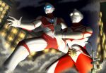  2boys alien blue_eyes building city_lights color_timer colored_skin commentary_request dust_cloud from_below giant glowing glowing_eyes mafuyu_tora multicolored_skin multiple_boys night outdoors pedestrian_lights red_skin silver_skin tokusatsu ultra_series ultraman:_the_ultimate_hero ultraman:_towards_the_future ultraman_great ultraman_powered white_skin yellow_eyes 