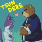  2012 anthro bear black_nose blue_clothing blue_jacket blue_topwear blush brown_body brown_fur clothing countershade_fur countershade_snout countershading crossed_arms daizfrg domestic_cat duo felid feline felis fur green_background heart_symbol jacket juuichi_mikazuki looking_at_viewer male mammal monotone_body monotone_fur morenatsu multicolored_body multicolored_fur pink_nose purple_body purple_fur shin_(morenatsu) shirt side_view simple_background snout tail tan_body tan_countershading tan_fur text topwear two_tone_body two_tone_fur white_clothing white_shirt white_topwear yellow_eyes yellow_text 