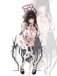 1girl animal_ears animal_print bare_shoulders bell between_breasts bikini black_hair blue_archive blush bottle breasts cleavage collarbone commentary_request cow_ears cow_girl cow_horns cow_print cowbell ear_tag elbow_gloves fake_animal_ears full_body gloves hair_ornament halo highres holding horns large_breasts long_hair looking_at_viewer milk_bottle musclexm neck_bell red_eyes simple_background slingshot_swimsuit smile solo standing suggestive_fluid swimsuit thighhighs thighs tsurugi_(blue_archive) very_long_hair white_background 