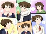  absurdres bad_id bad_pixiv_id brown_eyes brown_hair character_sheet crossed_arms double_v expressions fingerless_gloves gloves grin highres k-on! messy_hair niwatazumi scarf school_uniform short_hair short_twintails sleepy smile suzuki_jun twintails v 