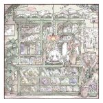  1girl absurdly_detailed_composition blush_stickers book border bow bread broom commentary_request display_case flower food framed_insect garlic green_bow green_eyes hair_bow herb highres hina_(dadari) indoors loaded_interior looking_at_viewer original pale_color plant potted_plant seashell shelf shell shop smile solo tareme vines white_border white_hair 