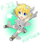  \o/ aircraft airplane arms_up blonde_hair blue_eyes chibi f-22_raptor fangs jet mecha_musume missile original outstretched_arms pointing short_hair solo star zephyr164 