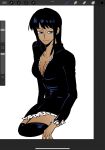  1girl art_program_in_frame black_dress black_hair blue_eyes blunt_bangs boots closed_mouth dress hashtag-only_commentary high_collar highres leather_dress long_sleeves medium_hair mrjieshisu nico_robin one_piece sidelocks smile solo thigh_boots 