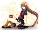  belt boots brown_eyes brown_hair highres long_hair ookami-san ookami_ryouko school_uniform side_slit solo takepon 