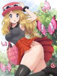  1girl absurdres armpits bag black_boots black_thighhighs blonde_hair blue_eyes blush boots breasts collarbone commentary_request eyewear_on_headwear hat highres large_breasts long_hair looking_at_viewer mega_ring no_panties open_mouth outdoors pink_bag pink_hat pokemoa pokemon pokemon_(creature) pokemon_xy red_hat red_skirt serena_(pokemon) shirt shoulder_bag skirt sky sleeveless sleeveless_shirt sunglasses thighhighs tree vivillon vivillon_(meadow) white-framed_eyewear 