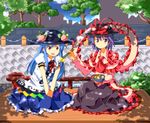  blue_hair capelet chopsticks feeding food frills fruit hat hinanawi_tenshi long_hair multiple_girls nagae_iku peach purple_hair red_eyes ruu_(tksymkw) shawl short_hair touhou 