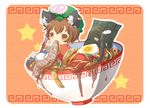  animal_ears bad_id bad_pixiv_id bosutafu bowl brown_eyes brown_hair cat_ears cat_tail chen chopsticks earrings food hat in_bowl in_container in_food jewelry minigirl multiple_tails rounded_corners short_hair solo tail touhou 
