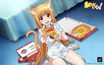 ad animal_ears artist_request asobi_ni_iku_yo! barefoot blonde_hair bottomless breasts cat_ears cat_tail eris_(asobi_ni_iku_yo!) food highres holding_pizza legs long_hair medium_breasts open_clothes open_mouth open_shirt pizza pizza_hut product_placement red_eyes shirt solo tail very_long_hair wallpaper 