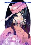  absurdres black_gloves blue_eyes character_name ciel_phantomhive collar copyright_name dress dress_lift elbow_gloves flower garter_straps gloves hair_over_one_eye hat highres kuroshitsuji lolita_fashion long_hair male_focus otoko_no_ko parted_lips partially_translated pink_dress pink_flower pink_rose rose shirahane_nao solo thighhighs translation_request twintails white_legwear 