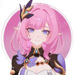  1girl blue_eyes border breasts chinese_commentary circle cleavage commentary_request corset elf elysia_(honkai_impact) elysia_(miss_pink_elf)_(honkai_impact) gui0644758 hair_ornament highres honkai_(series) honkai_impact_3rd large_breasts long_hair looking_at_viewer outside_border pink_background pink_hair pointy_ears round_border shrug_(clothing) solo white_background white_corset 