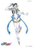  1girl ;d alternate_costume armor artist_name asymmetrical_gloves black_hair blue_bow blue_eyes blue_ribbon blue_trim boots bow circlet commentary_request covered_navel earrings elbow_gloves full_body gloves gold_choker gold_circlet headset ice_skates jewelry leotard luna_snow magical_girl marvel marvel_rivals multicolored_hair one_eye_closed open_mouth parody pauldrons ribbon short_hair shoulder_armor skates smile solo split-color_hair thigh_boots title_parody vvv_rendez white_background white_boots white_gloves white_hair white_leotard 