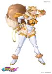  1girl alternate_costume animal_ears armor artist_name bell bishoujo_senshi_sailor_moon bishoujo_senshi_sailor_moon_s blonde_hair boots bow brown_fur commentary_request elbow_gloves fake_animal_ears full_body fur-trimmed_boots fur-trimmed_leotard fur_trim gloves grin groin_tendon hand_on_own_hip holding_slingshot leotard looking_at_viewer magical_girl marvel marvel_rivals one_eye_closed orange_bow orange_eyes orange_trim parody pauldrons sailor_collar salute short_hair shoulder_armor smile solo squirrel_ears squirrel_girl_(marvel) squirrel_tail tail thigh_boots title_parody vvv_rendez white_background white_boots white_gloves white_leotard 
