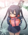  :&lt; bad_id bad_pixiv_id black_hair blush brown_eyes coat cold commentary_request gift gloves guitar_case holding holding_gift instrument_case k-on! looking_at_viewer looking_away nakano_azusa no_nose scarf shy skirt snow solo striped striped_scarf twintails yanagi_yuu 
