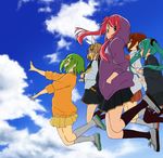  cloud day derivative_work green_hair gumi hatsune_miku hood hoodie jumping k-on! kagamine_rin legs masuta2236 megurine_luka meiko multiple_girls no_thank_you! parody skirt sky sleeves_pushed_up sleeves_rolled_up uniform vocaloid 