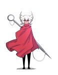 1girl cloak closed_mouth commentary english_commentary highres hollow_knight hollow_knight:_silksong hornet_(hollow_knight) humanization looking_at_viewer needle_(hollow_knight) personification red_cloak red_eyes simple_background smug_suriipi solo standing thread weapon weapon_on_back white_background white_hair 