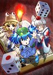  bespectacled dice fire gamebook glasses inubashiri_momiji kawashiro_nitori minigirl moriya_suwako multiple_girls touhou two_side_up uirou_(uirou1) 