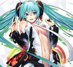  aqua_hair blue_eyes blush breasts bridal_gauntlets center_opening detached_sleeves hatsune_miku hatsune_miku_(append) headset long_hair medium_breasts midriff navel necktie open_clothes open_mouth smile solo takada_kazuhiro twintails very_long_hair vocaloid vocaloid_append 