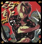  1boy black_border border commentary curly_eyebrows facial_hair goatee hair_over_one_eye high_collar highres holding holding_knife knife light_smile male_focus mrjieshisu one_piece red_background sanji_(one_piece) smile solo symbol-only_commentary upper_body 