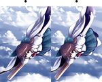  arm_cannon brown_hair cape day flying highres md5_mismatch outstretched_arms red_eyes reiuji_utsuho sky spread_arms stereogram touhou tsubasa_(abchipika) weapon wings 