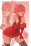  1girl black_choker bob_cut border breasts choker christmas cleavage closed_mouth double-parted_bangs dress eiyuu_densetsu elbow_gloves english_commentary finger_to_cheek fur-trimmed_dress fur_trim gloves gradient_background hair_between_eyes hair_bun hand_on_own_thigh highres index_finger_raised large_breasts leaning_forward light_smile looking_at_viewer pink_background red_dress red_gloves santa_costume santa_dress sara_valestein sen_no_kiseki_(series) short_hair simple_background solo upper_body vordvord white_border yellow_eyes 