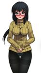  aiba-tsukiko black_hair black_legwear blush copyright_request crotch_seam curvy full-face_blush glasses hand_on_own_stomach impossible_clothes impossible_sweater long_hair looking_at_viewer panties panties_under_pantyhose pantyhose ribbed_sweater shirt solo sweater thigh_gap thighband_pantyhose underwear wide_hips 