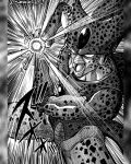  1boy cell_(dragon_ball) commentary_request dragon_ball dragon_ball_z emphasis_lines energy_ball greyscale highres imperfect_cell instagram_username kamehameha_(dragon_ball) male_focus monochrome open_mouth pillarboxed seveninks solo spanish_commentary tail 