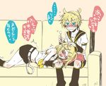  1girl ahoge arihara_ema bare_shoulders belt blonde_hair blue_eyes blush brother_and_sister commentary couch detached_sleeves ear_cleaning eargasm earjob embarrassed hair_ornament hair_ribbon hairclip hand_on_another's_head hand_on_another's_knee kagamine_len kagamine_rin kneehighs knees lap_pillow lying midriff mimikaki navel open_mouth ribbon short_hair shorts siblings sitting sweat sweatdrop tickling translated trembling twins vocaloid wavy_mouth 