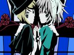  blazblue blonde_hair crossover green_eyes hat heterochromia holding_hands jin_kisaragi lowres multiple_girls parody ragna_the_bloodedge rozen_maiden silver_hair souseiseki suiseiseki 